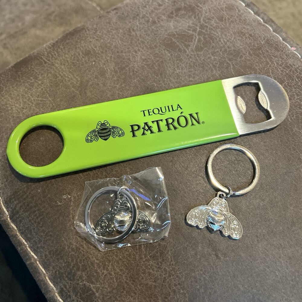 Patrón Tequila 2012 Promo Can Opener & 2 Bee Logo Metal Keychains New